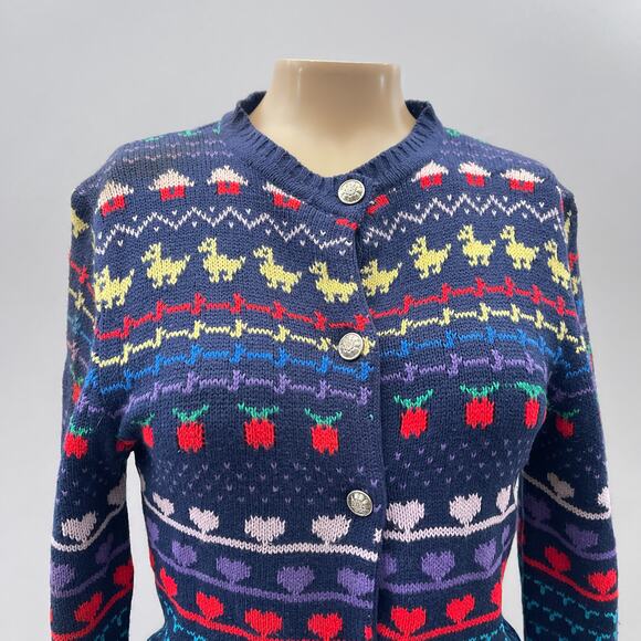 Eclipse LA Vtg Sweater Cardigan Women L Novelty Knit School Animals Heart Preppy - Picture 2 of 9